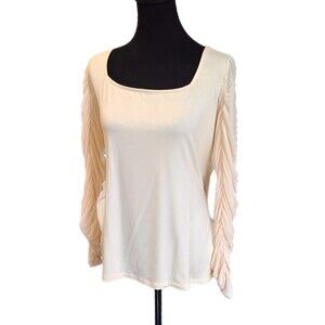 Eloquii NWT Creamy Peach Silky Ruche Mesh Sleeve Square Neck Blouse, Size 18-20